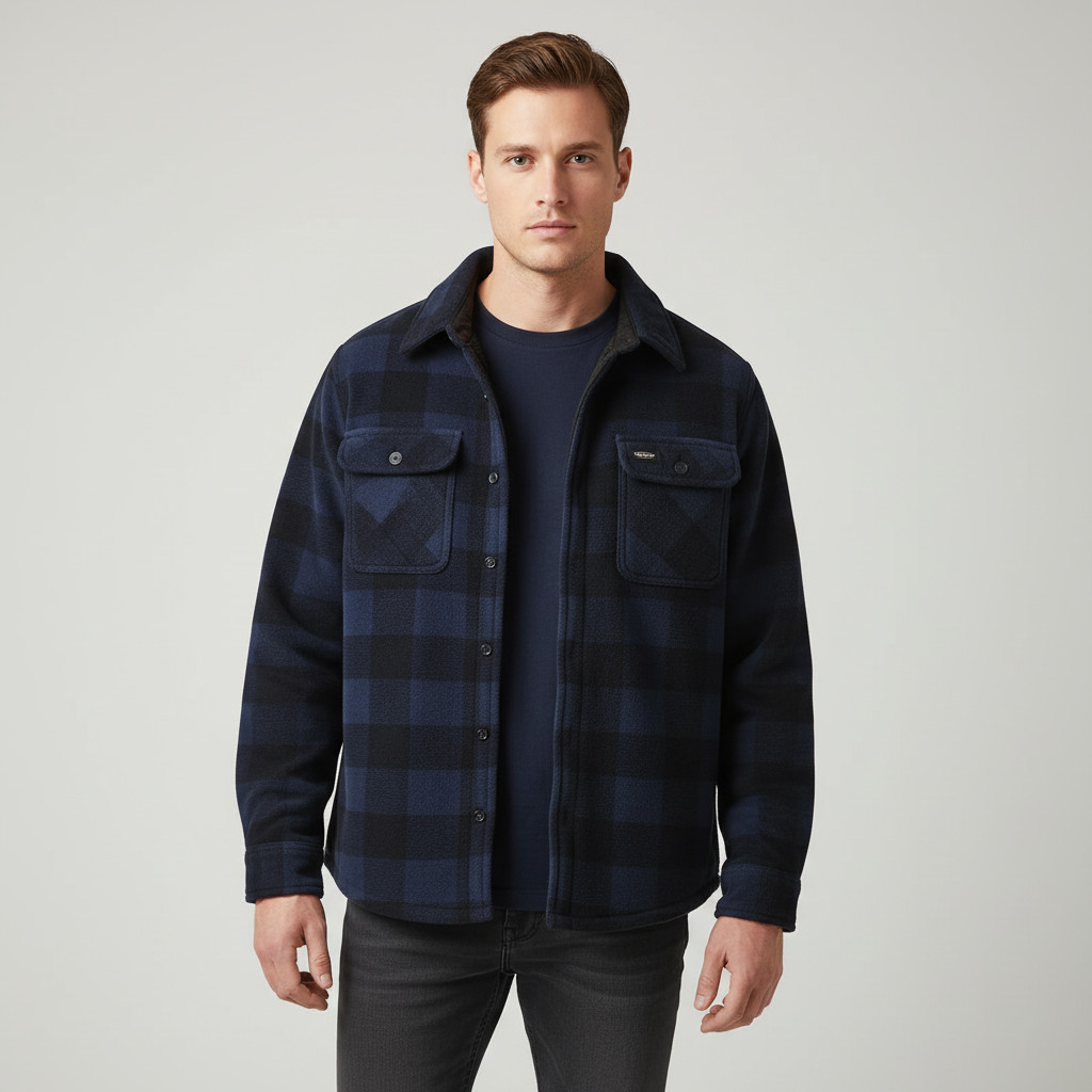 Herren Fleece-Hemdenjacke Karomuster Umlegekragen warm