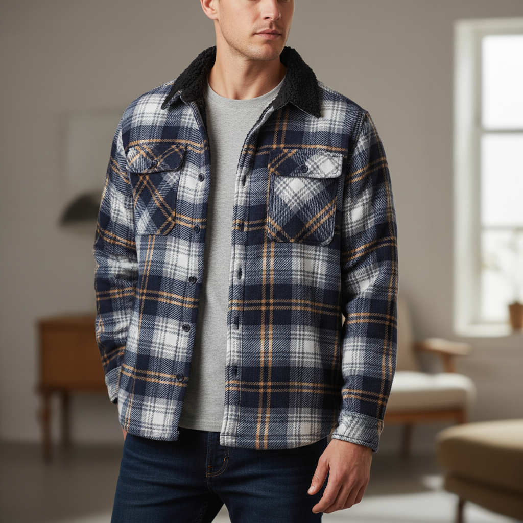 Herren Fleece-Hemdenjacke Karomuster Umlegekragen warm