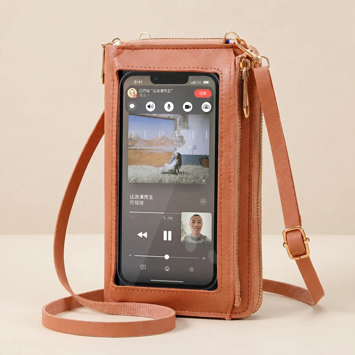 Mini-Umhängetasche mit transparentem Touchscreen-Fenster für Telefone