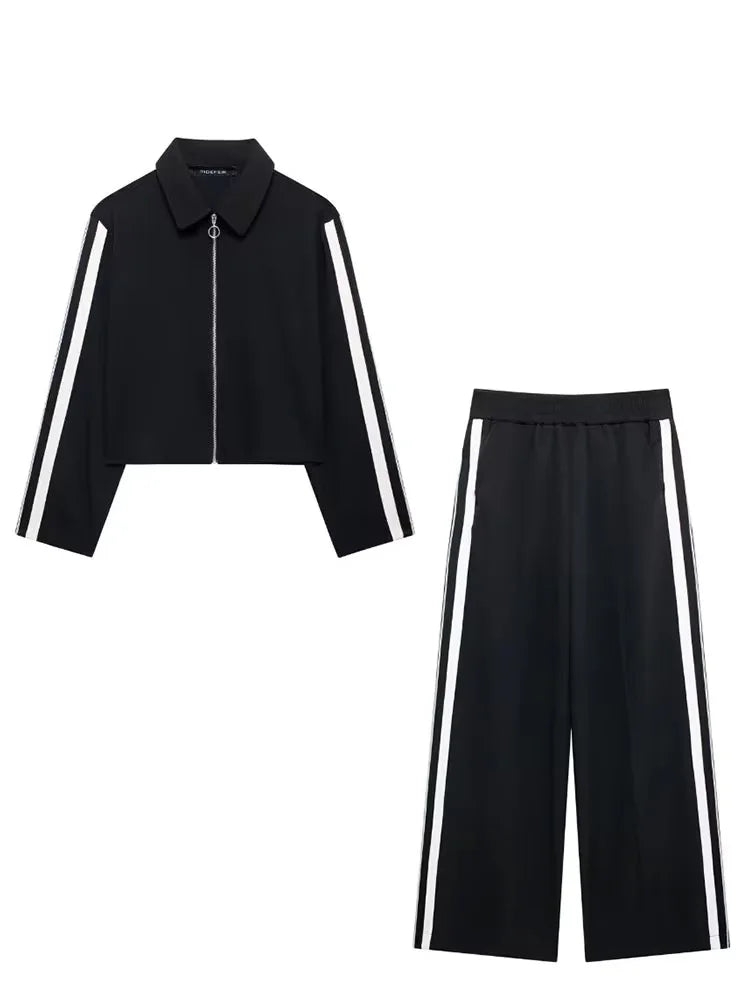Damen-Trainingsanzug mit Schwarz-Weiss-Streifen, kurze Jacke und weite Hose