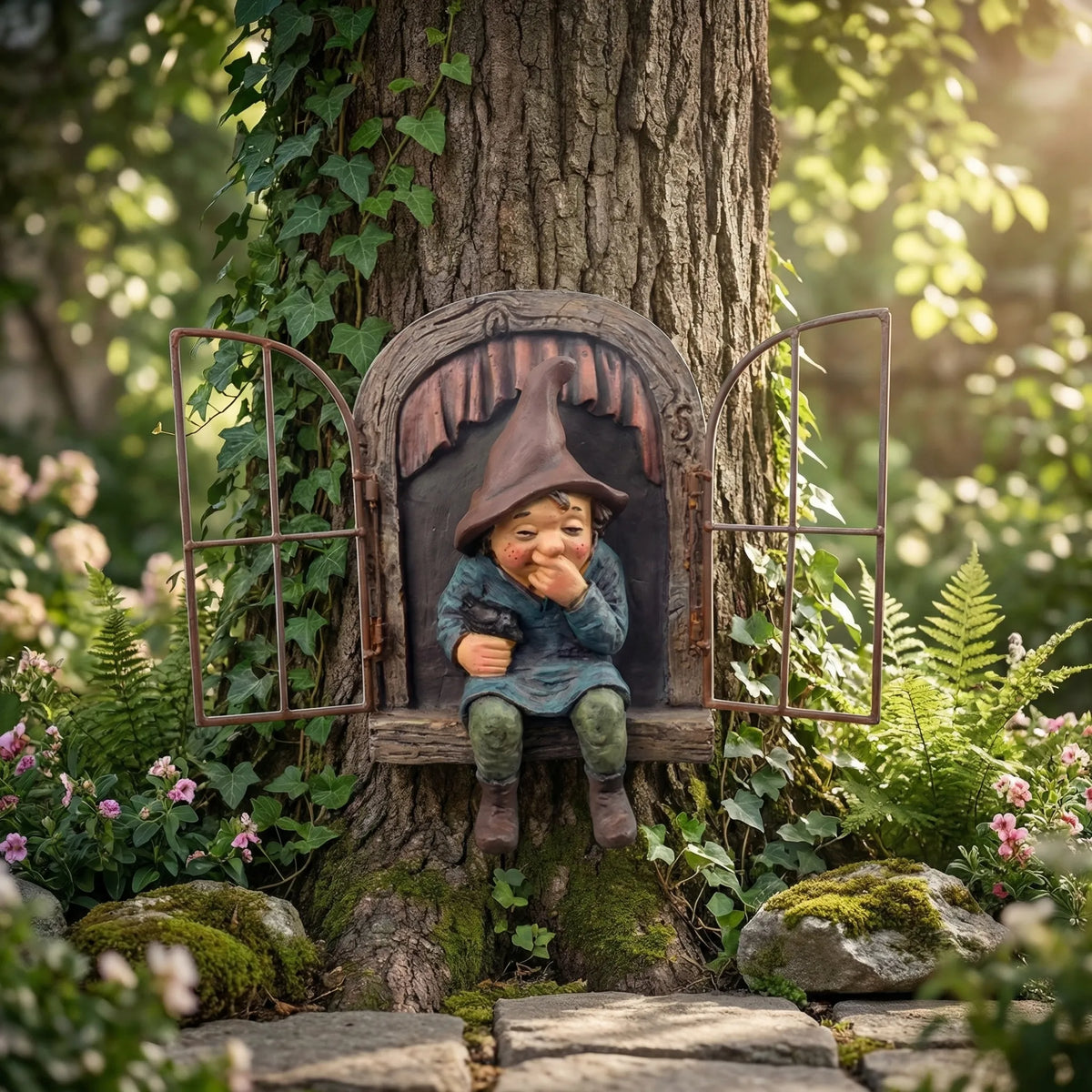 Verspielte Elfen-Gartenstatue mit Baumumarmungs-Design wetterfest