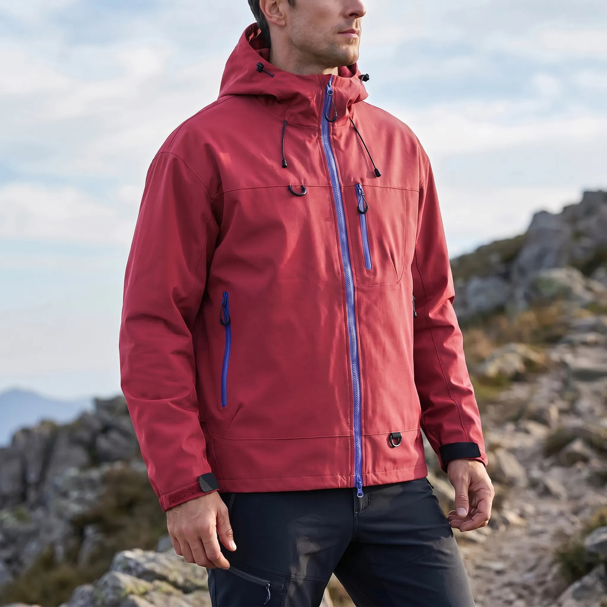 Wasserabweisende Windbreaker-Jacke mit verstellbarer Kapuze und Taschen