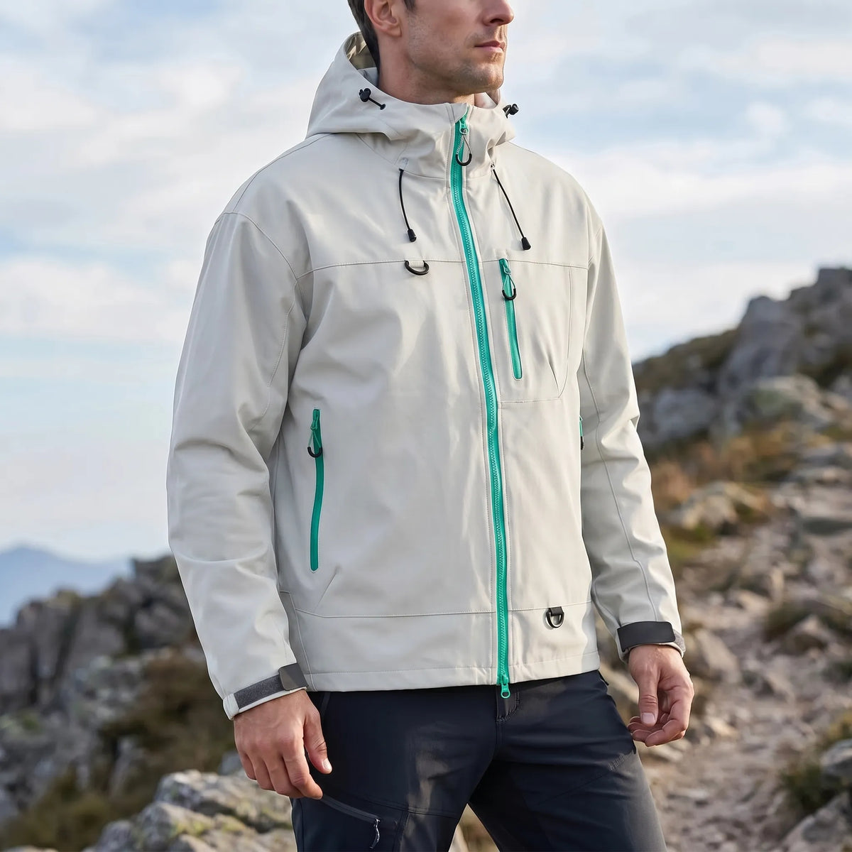 Wasserabweisende Windbreaker-Jacke mit verstellbarer Kapuze und Taschen
