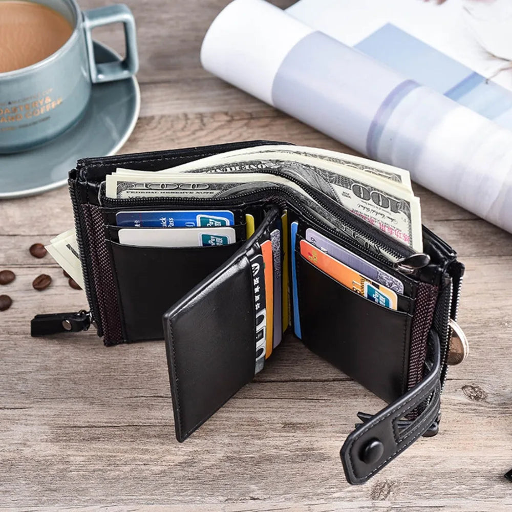 Kompaktes Bifold-Portemonnaie mit Doppel-Reißverschluss und Druckknopf