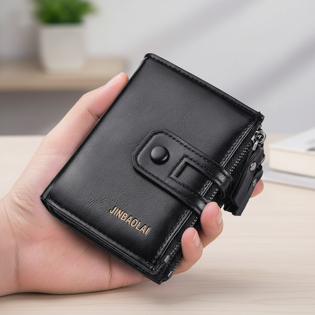 Kompaktes Bifold-Portemonnaie mit Doppel-Reißverschluss und Druckknopf
