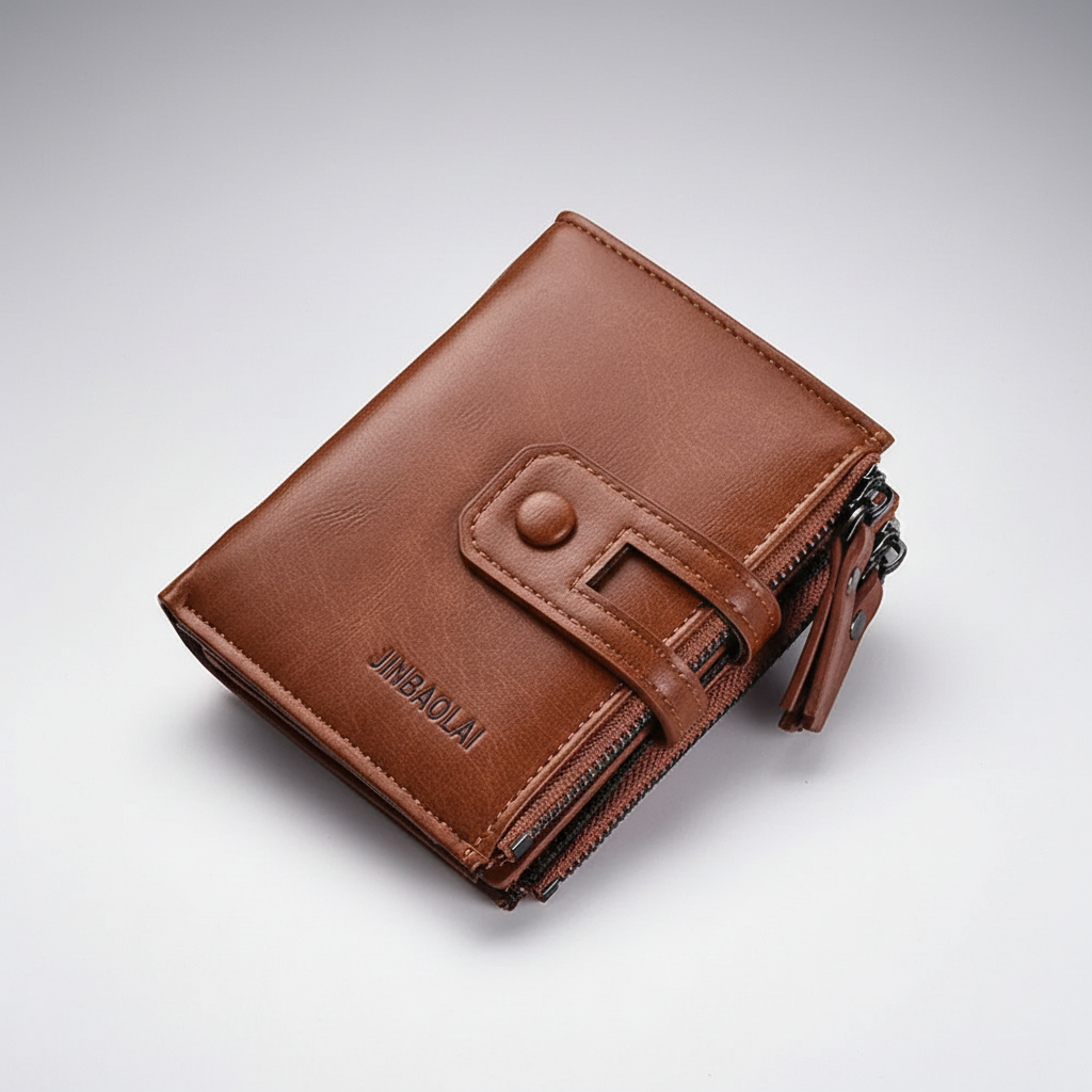 Kompaktes Bifold-Portemonnaie mit Doppel-Reißverschluss und Druckknopf