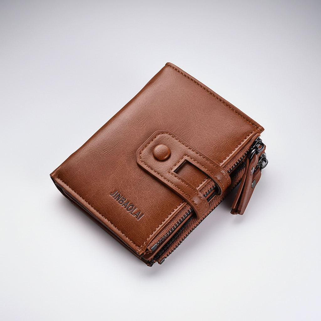 Kompaktes Bifold-Portemonnaie mit Doppel-Reißverschluss und Druckknopf