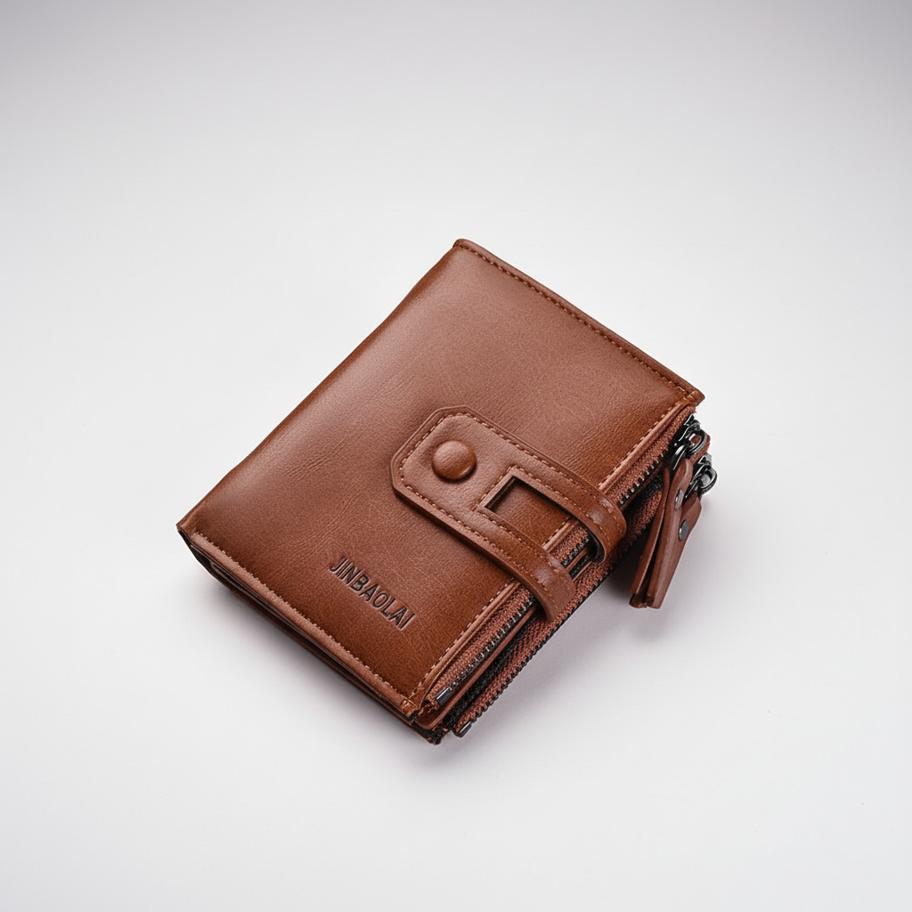 Kompaktes Bifold-Portemonnaie mit Doppel-Reißverschluss und Druckknopf