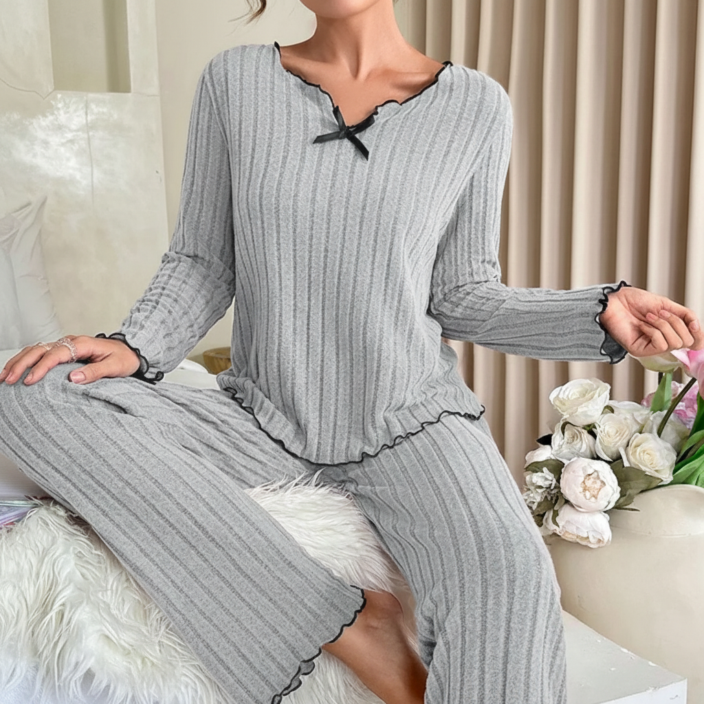 Damen-Pyjama-Set gestreift mit Rüschensaum entspannte Passform