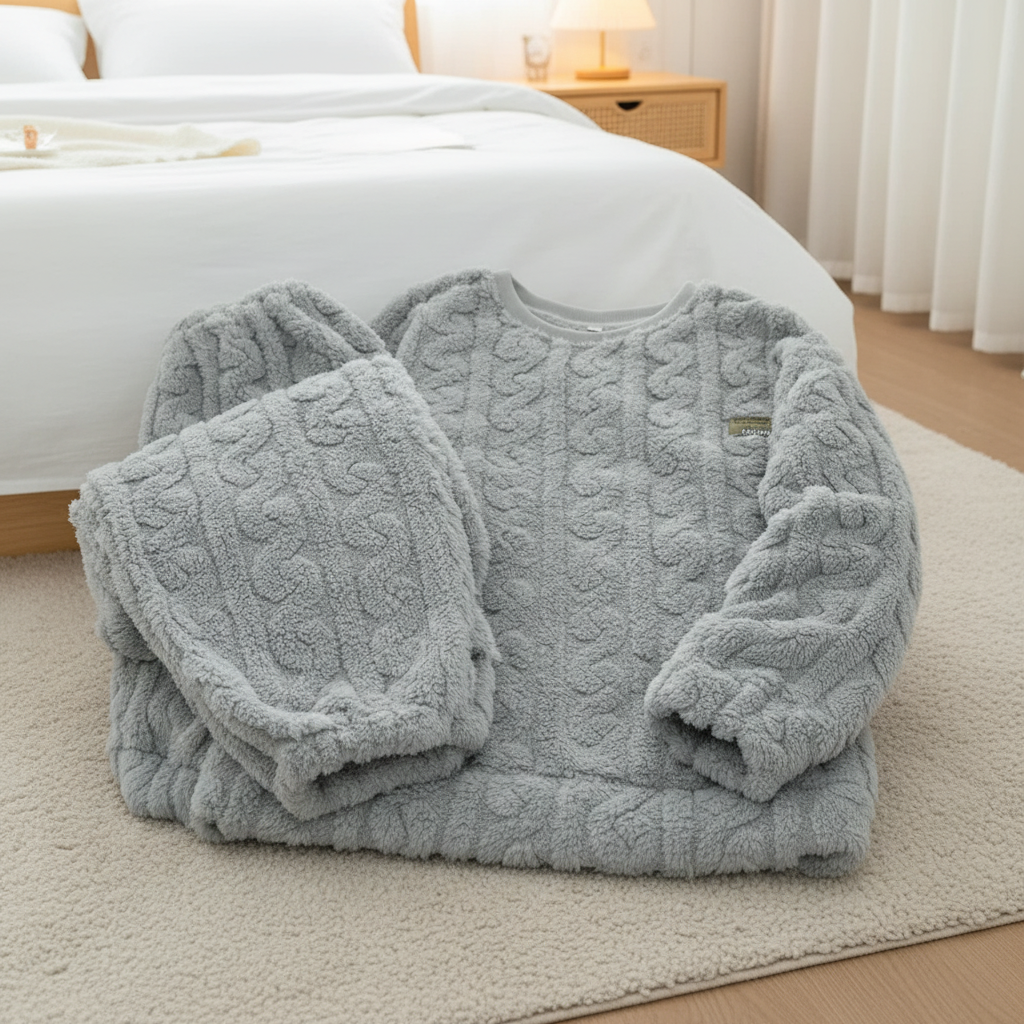 Plüschiges Pyjama-Set mit Langarm und floralem Muster