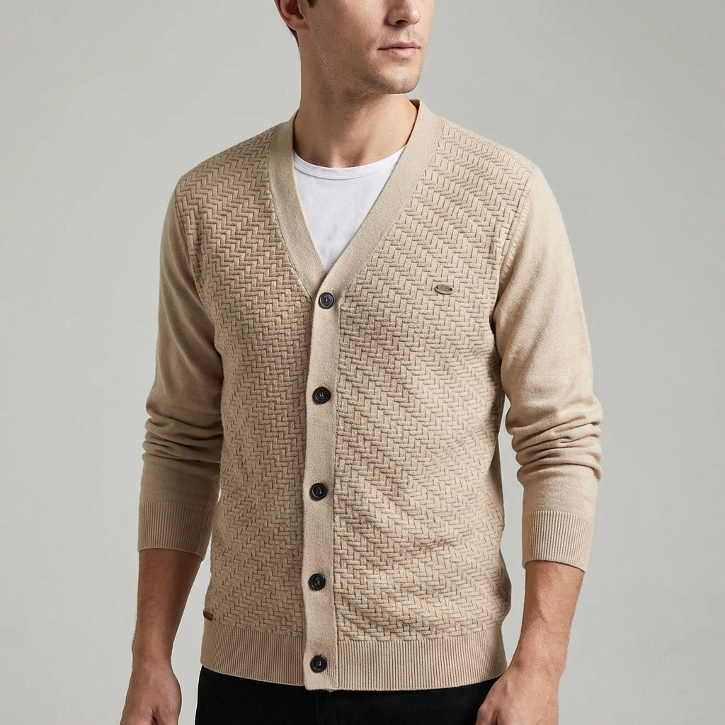 Herren Strickjacke V-Ausschnitt Knopfleiste strukturiertes Vorderteil