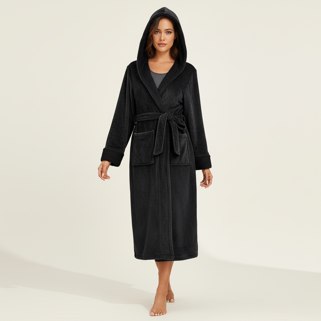 Langer Kapuzenbademantel Damen Flausch knöchellang mit verstellbarem Gürtel
