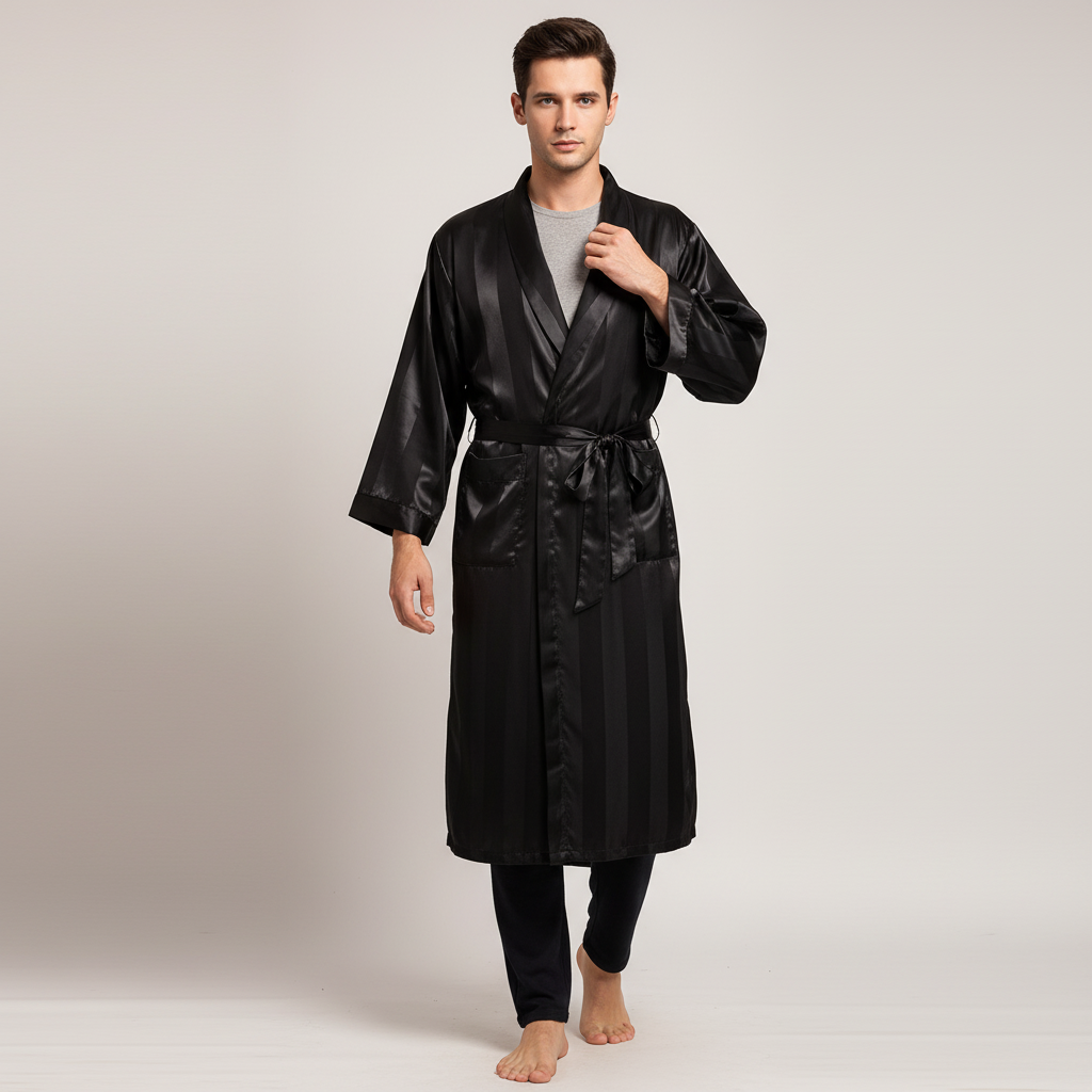Langer Kimono-Morgenmantel mit geometrischem Muster und glänzendem Einfassband