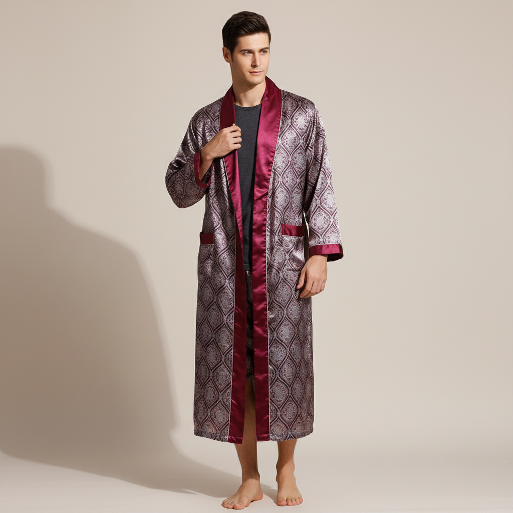 Langer Kimono-Morgenmantel mit geometrischem Muster und glänzendem Einfassband
