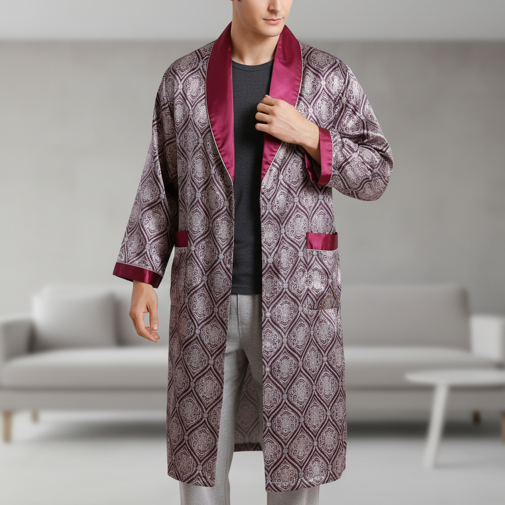 Langer Kimono-Morgenmantel mit geometrischem Muster und glänzendem Einfassband