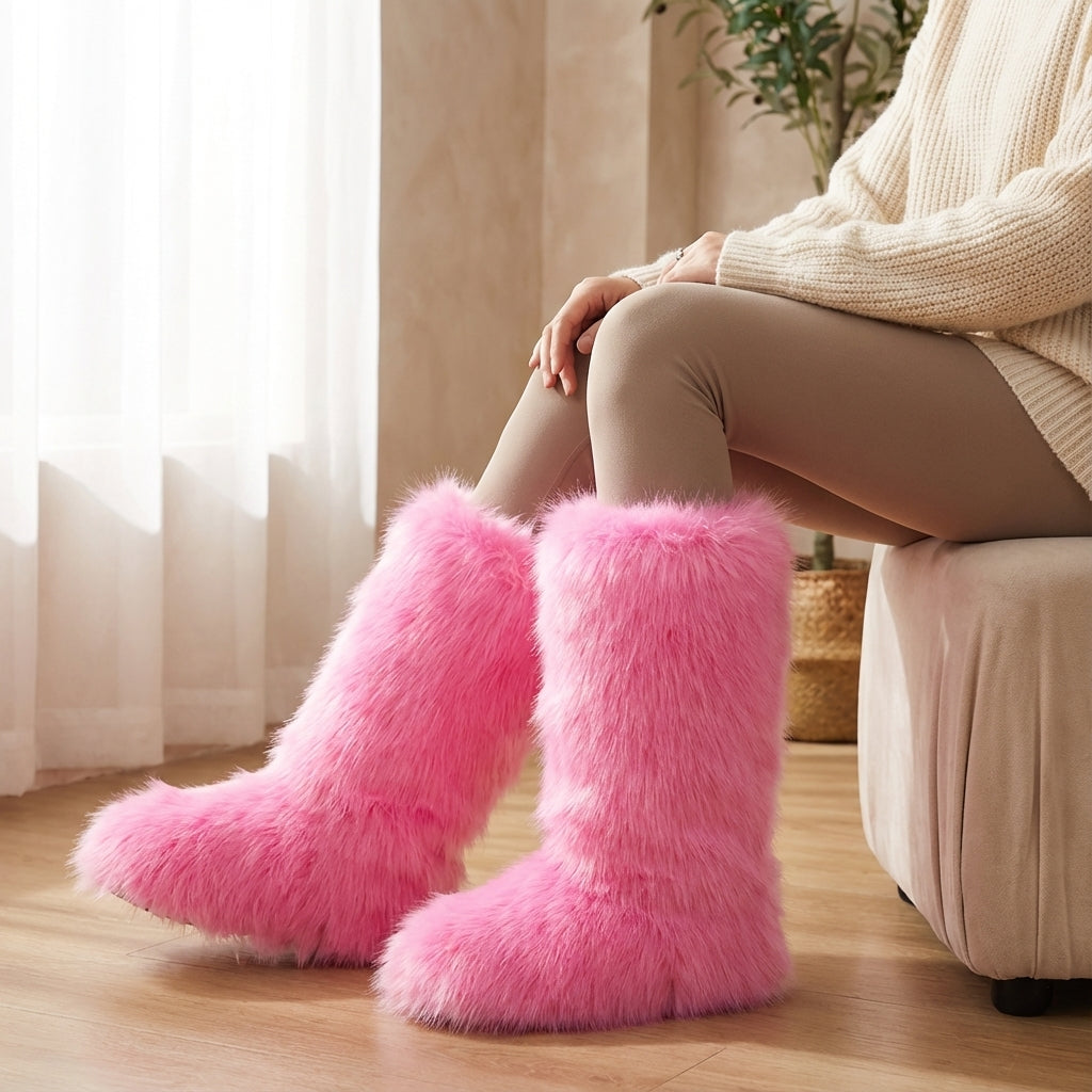 Knöchelhohe Flauschstiefel Damen Winterstiefel plüschig warm Slip-on