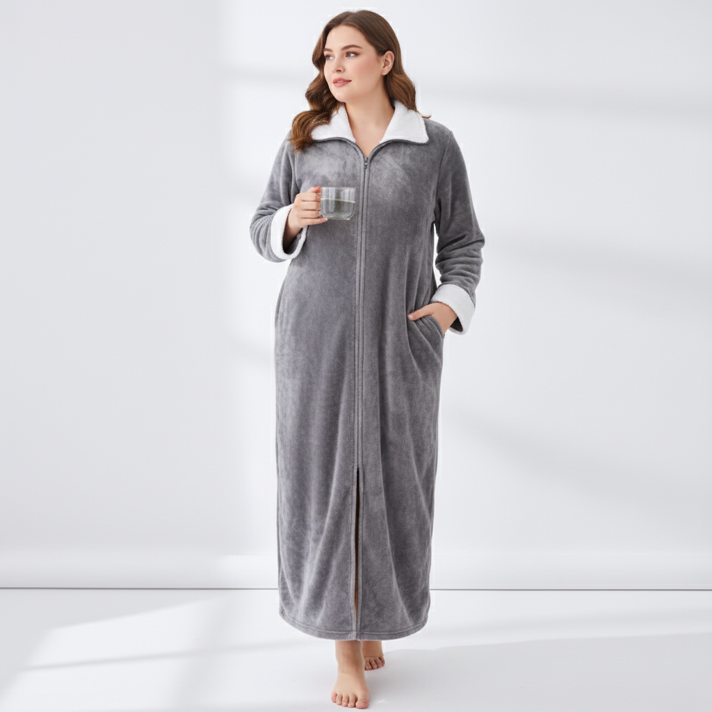 Langer Morgenmantel mit Reißverschluss, flauschig isolierend und warm