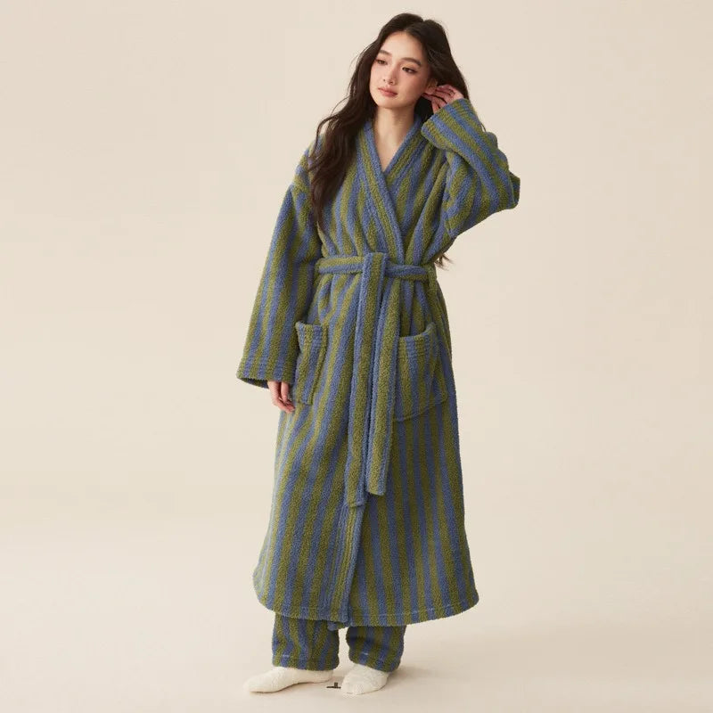 Langer Bademantel Polyester gestreift knöchellang warm