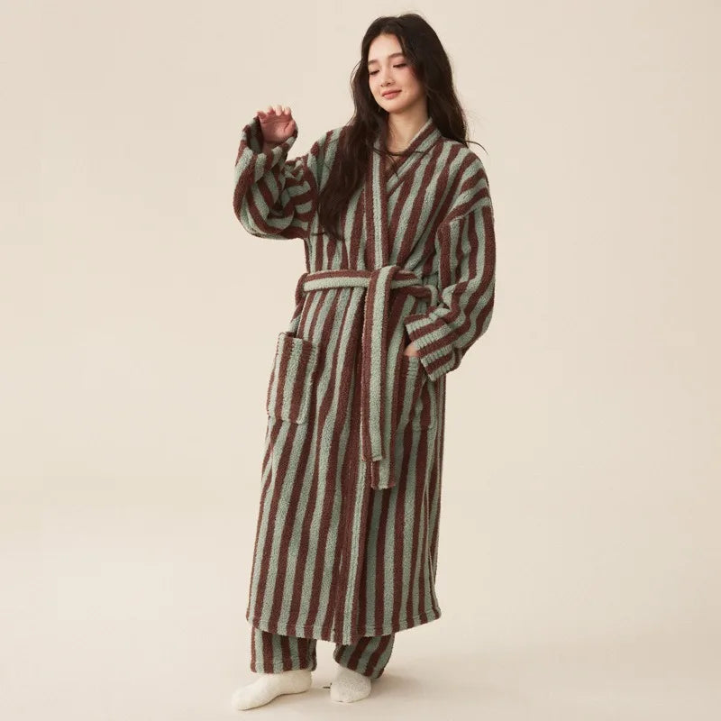 Langer Bademantel Polyester gestreift knöchellang warm