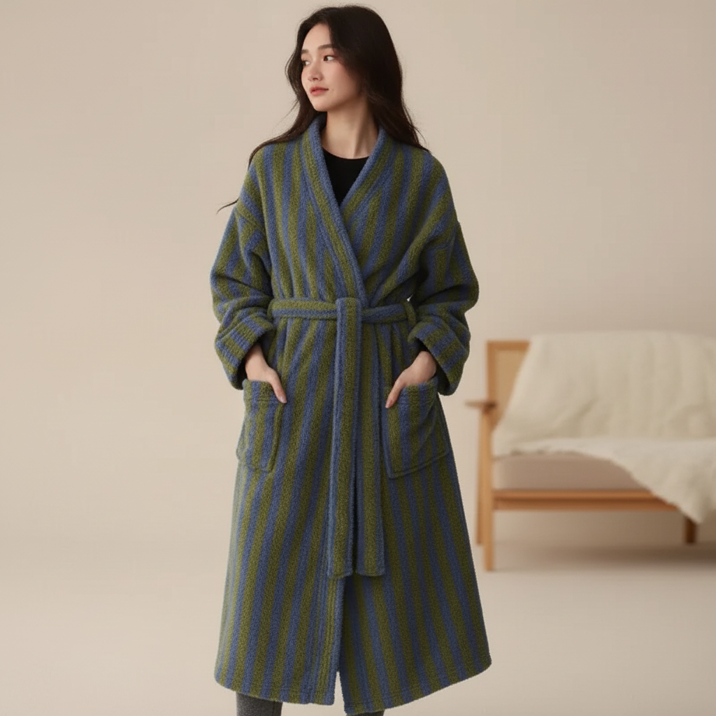 Langer Bademantel Polyester gestreift knöchellang warm