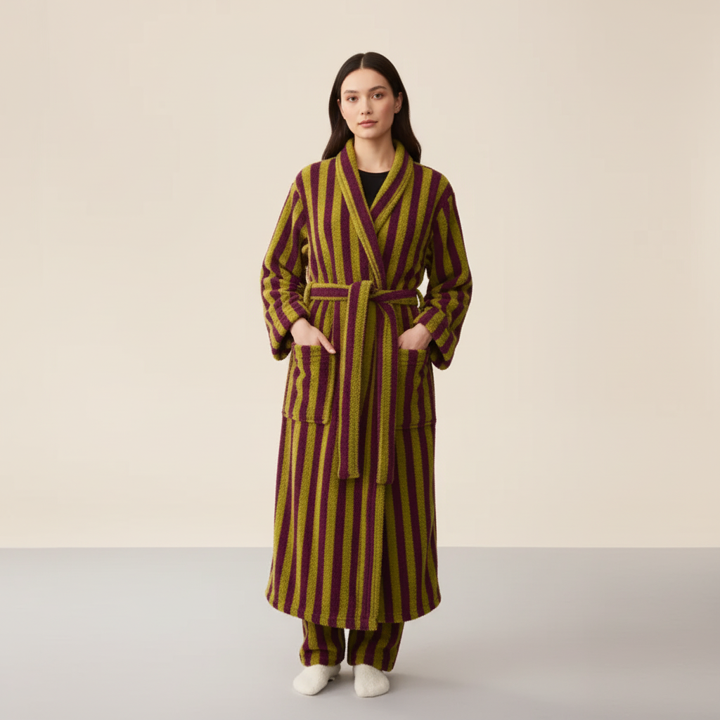 Langer Bademantel Polyester gestreift knöchellang warm