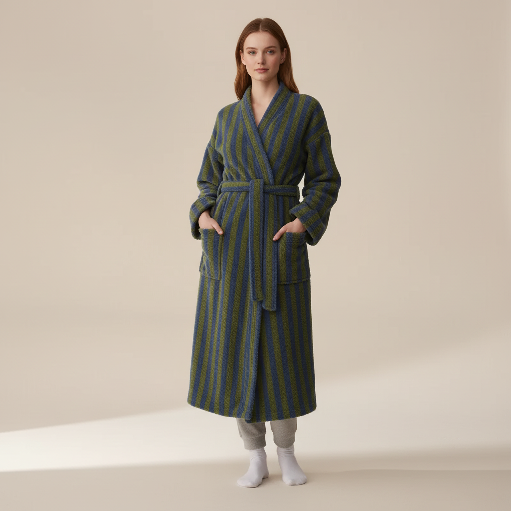 Langer Bademantel Polyester gestreift knöchellang warm