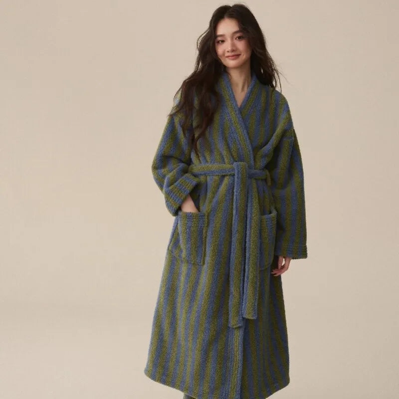 Langer Bademantel Polyester gestreift knöchellang warm