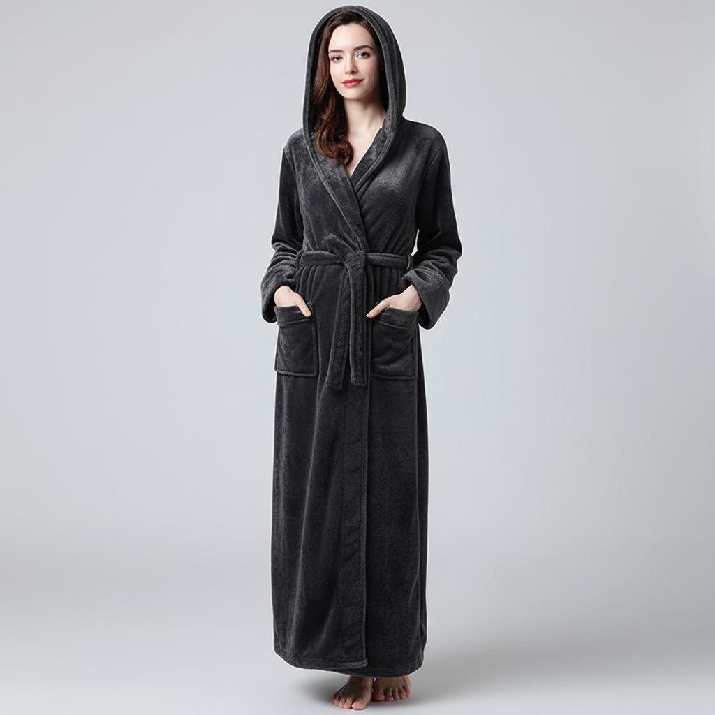 Knöckelhoher Bademantel mit Kapuze, ultra-weiche Fleece, grosse Taschen