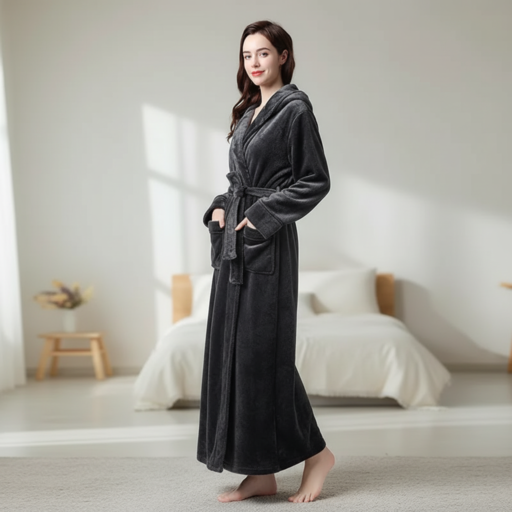 Knöckelhoher Bademantel mit Kapuze, ultra-weiche Fleece, grosse Taschen