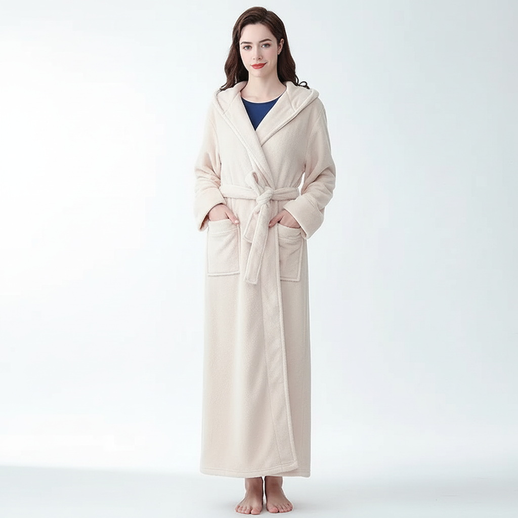 Knöckelhoher Bademantel mit Kapuze, ultra-weiche Fleece, grosse Taschen