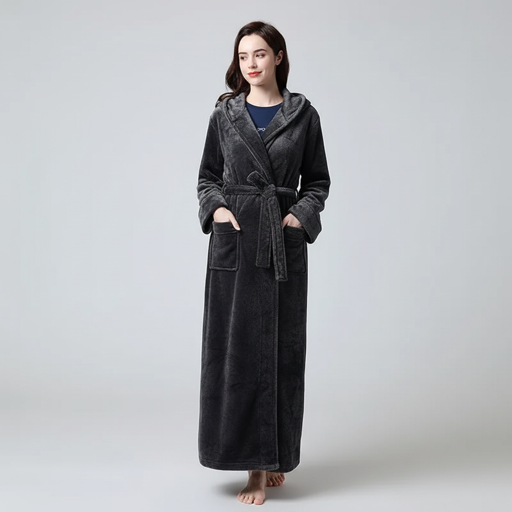 Knöckelhoher Bademantel mit Kapuze, ultra-weiche Fleece, grosse Taschen