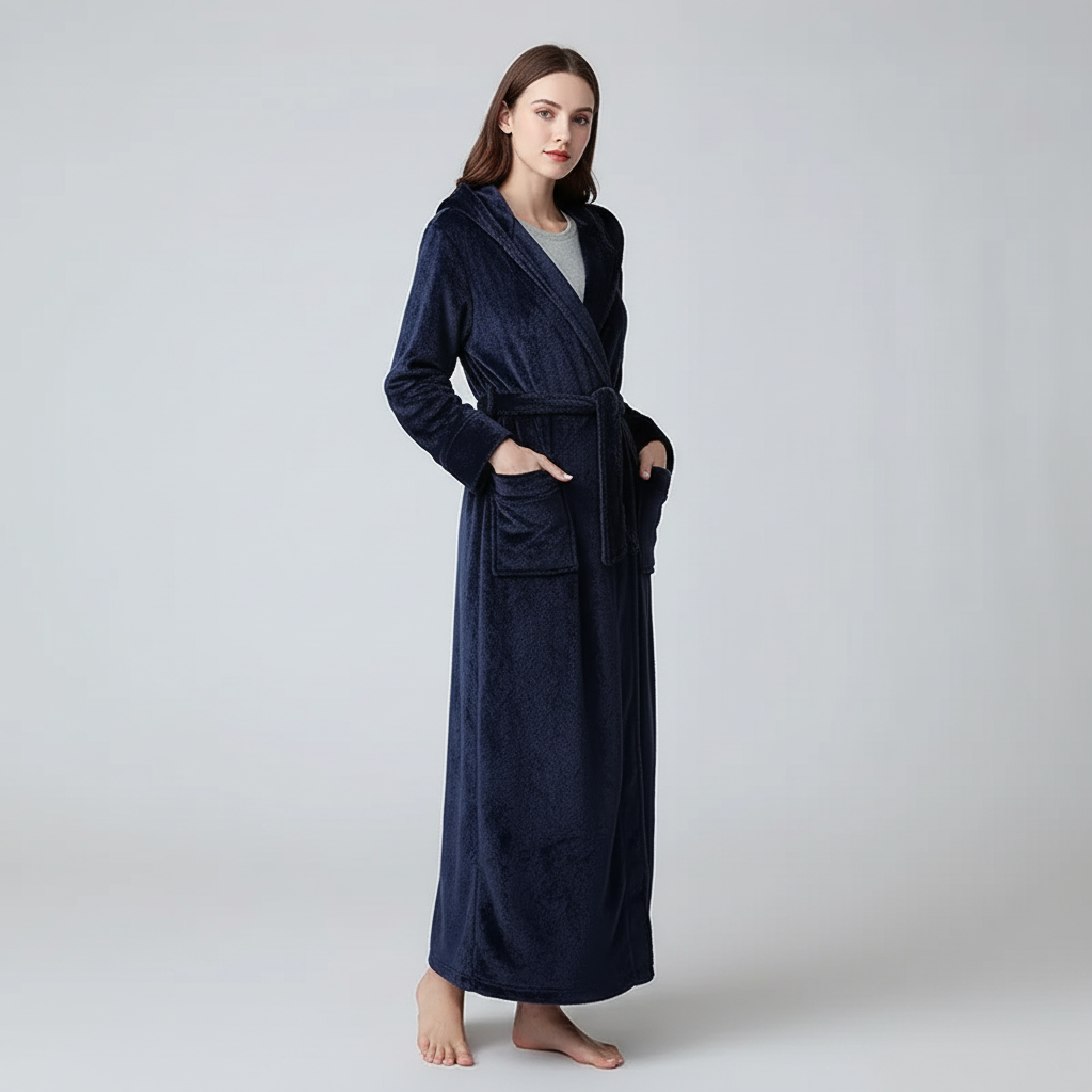 Knöckelhoher Bademantel mit Kapuze, ultra-weiche Fleece, grosse Taschen