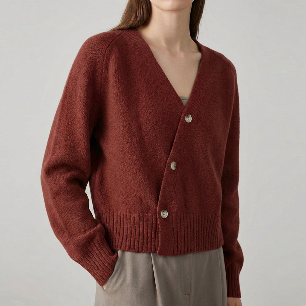 Damen-Cardigan asymmetrisch V-Ausschnitt strukturiertes Strickgewebe