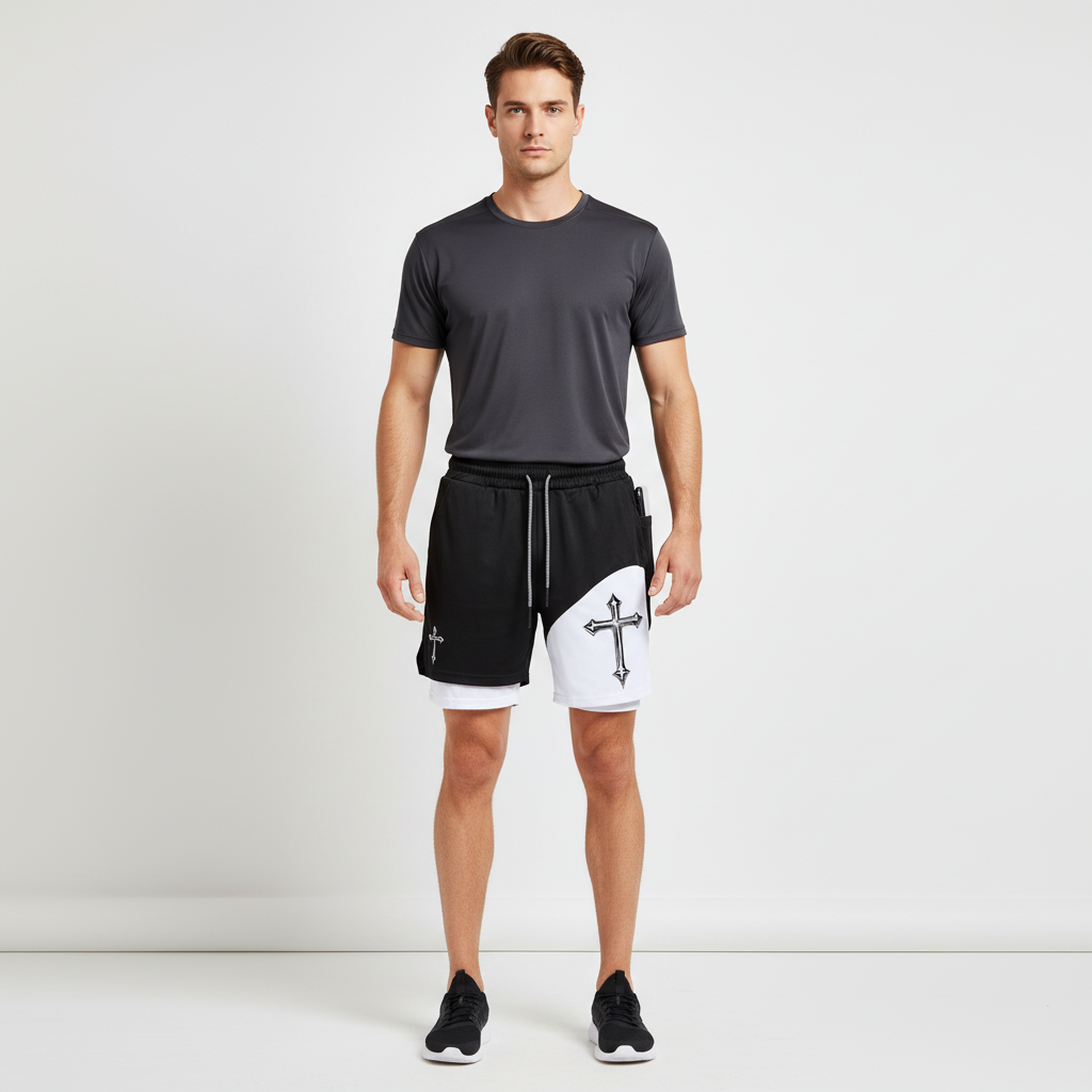 Herren 2-in-1 Sportshorts mit Kompressionshose und Handytasche