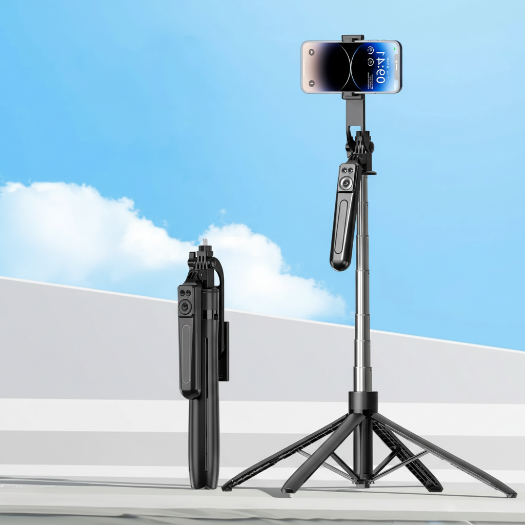 Klappbares Smartphone-Stativ Edelstahl mit Bluetooth-Auslöser und Selfie-Stick