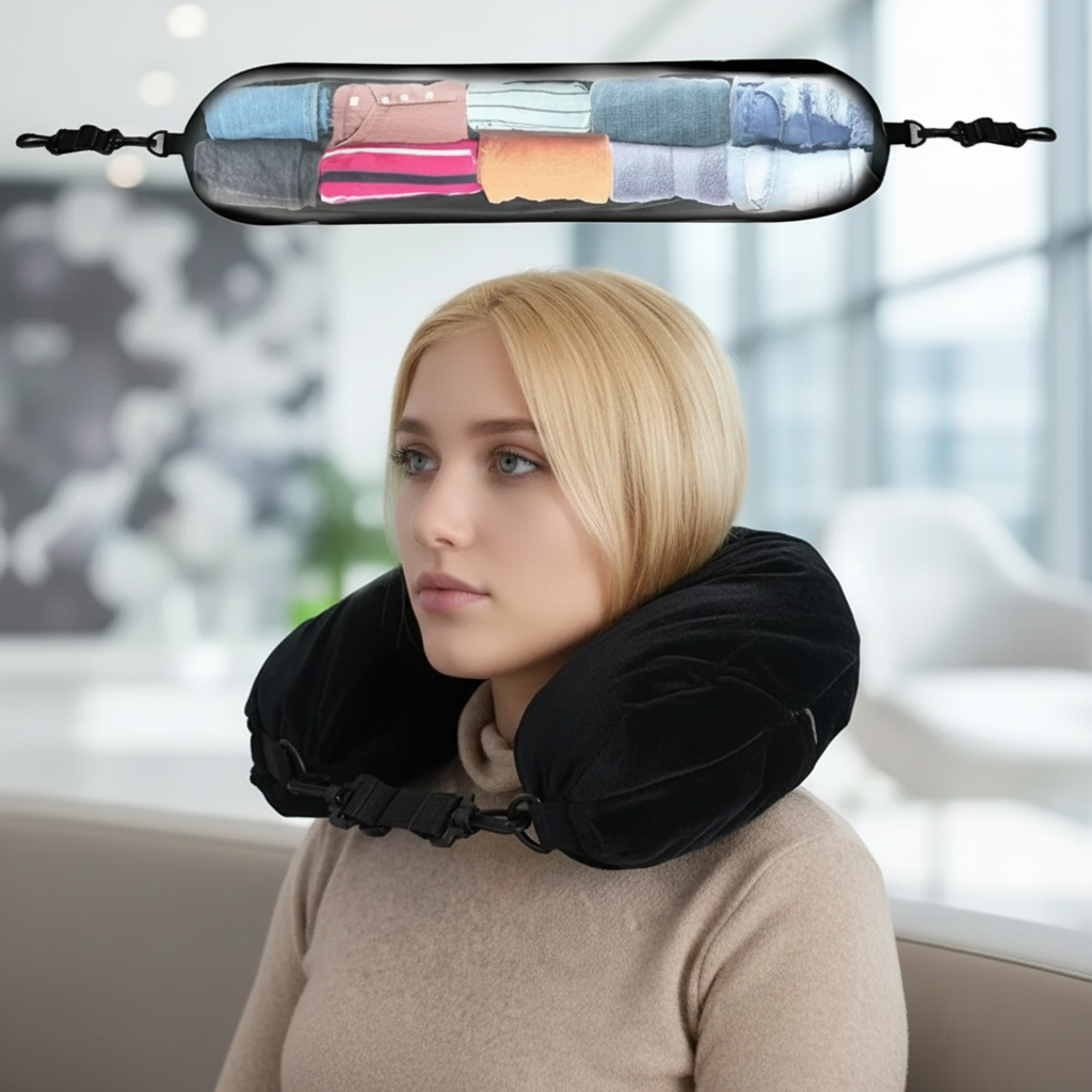 Verstellbares Reisekissen mit Memory-Foam-Nackenunterstützung und kompakter Aufbewahrungstasche