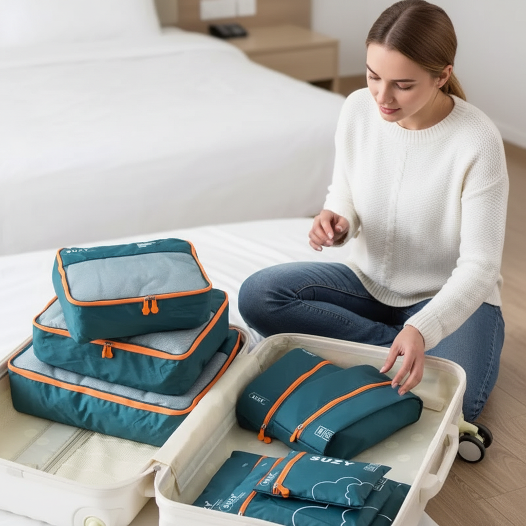 Wasserdichtes Packwürfel-Set mit Mesh-Einsätzen und Reißverschlüssen