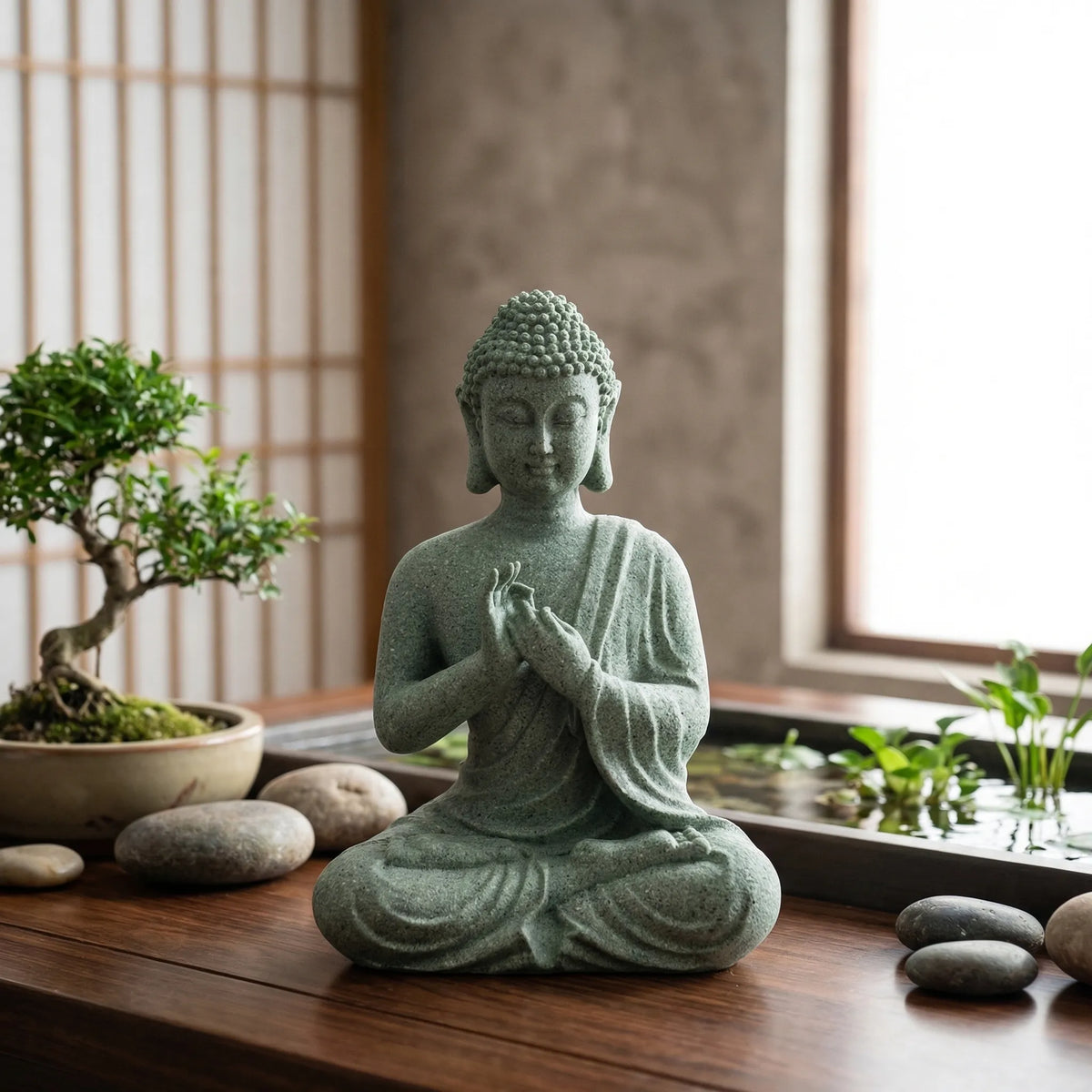 Buddha-Figur mit Zen-Meditation salbeigrün Steinfigur