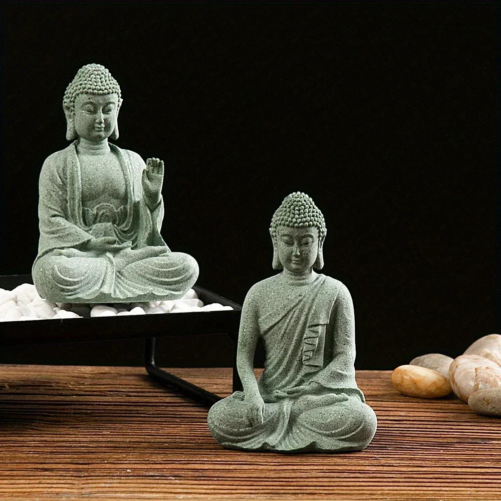Buddha-Figur mit Zen-Meditation salbeigrün Steinfigur