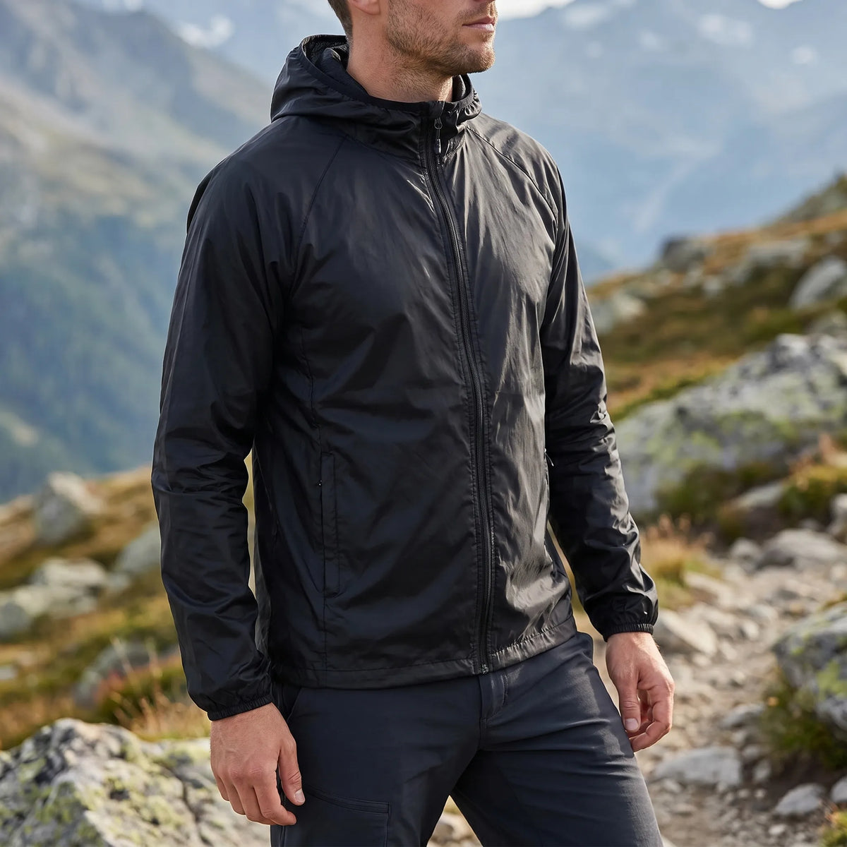 Leichte Windjacke mit Kapuze wasserabweisend und packbar