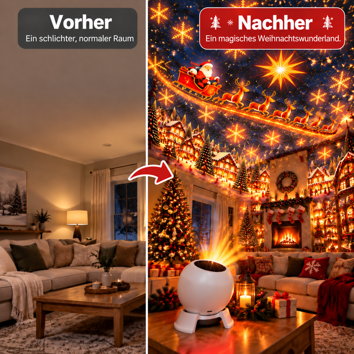 Norvia | Weihnachts-Projektor Nachtlicht, kompaktes, 360° verstellbares Musterlicht für Decke und Wand, platzsparende Weihnachtsdeko für Kinderzimmer, Party & Geschenk