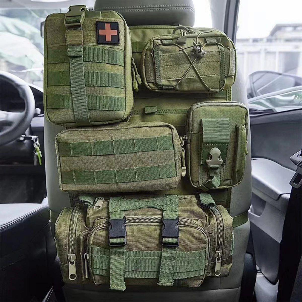 Taktischer Rücksitz-Molle-Organizer mit 5 abnehmbaren Molle-Taschen