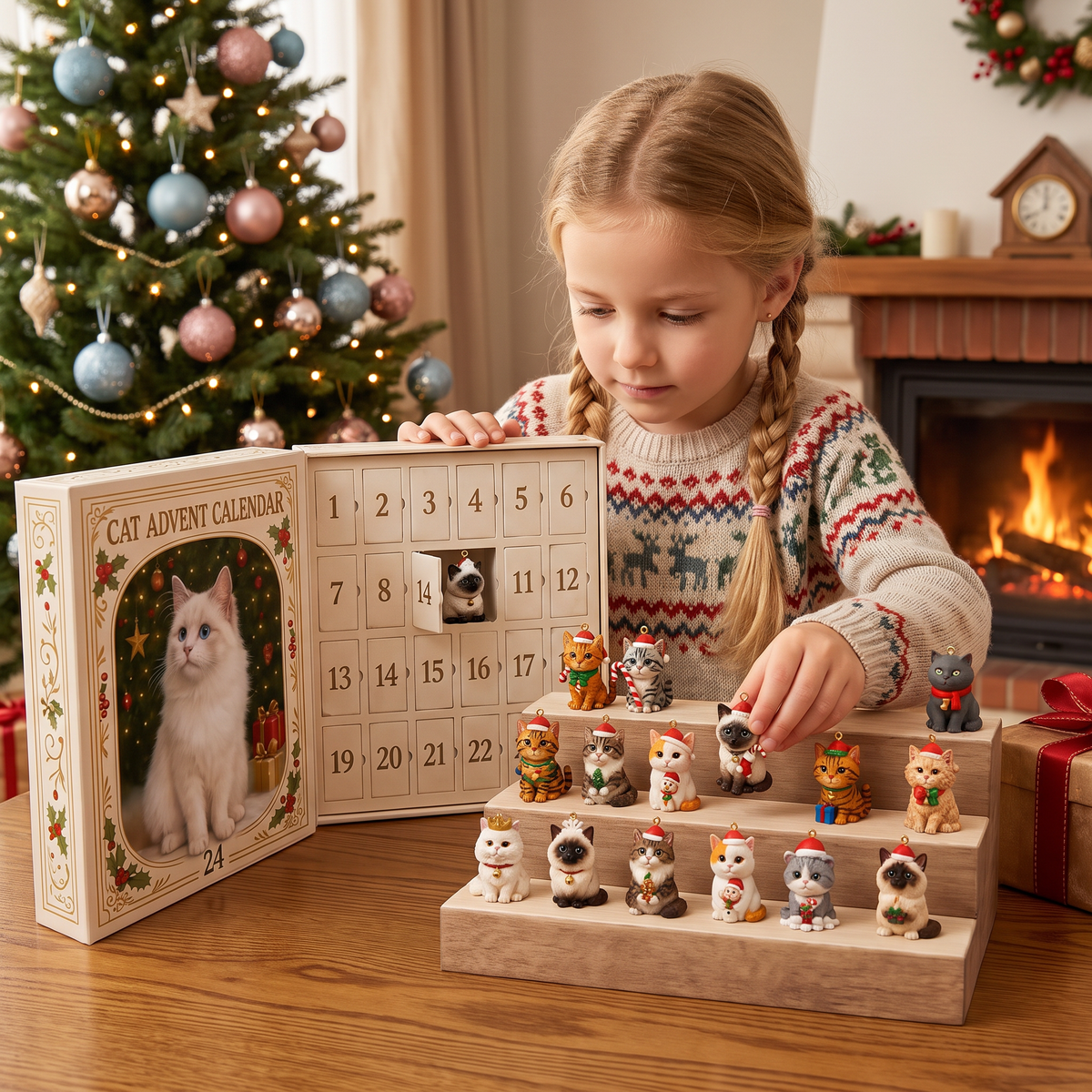 Weihnachtlicher Adventskalender mit Katzen für 24 Tage