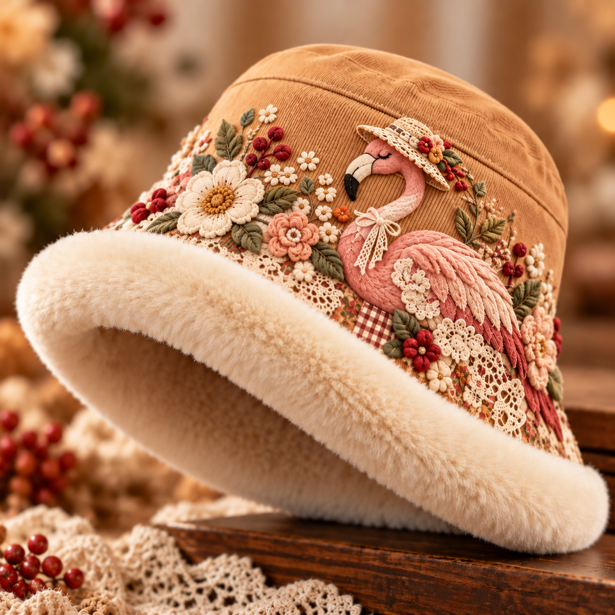 Kuschelig gefütterter Damen-Winter-Bucket-Hat mit Blumen- und Tiermotiven