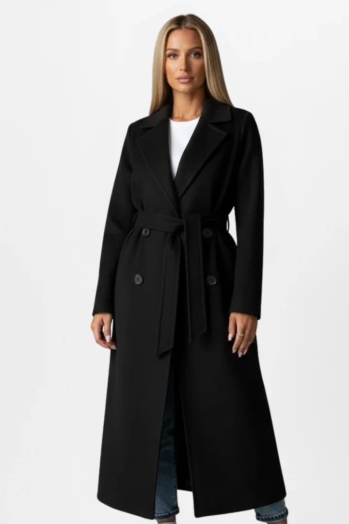Damen Wintermantel mit Gürtel und zweireihigem Verschluss - Eleganter langer Damenmantel ideal für kühle Tage