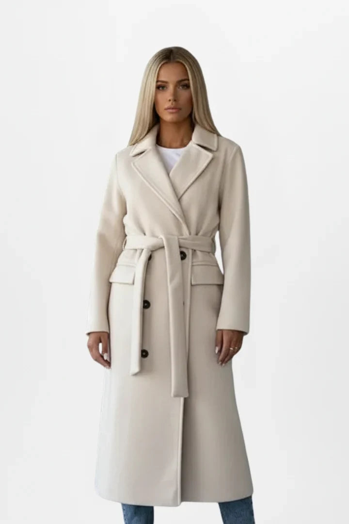 Damen Wintermantel mit Gürtel und zweireihigem Verschluss - Eleganter langer Damenmantel ideal für kühle Tage