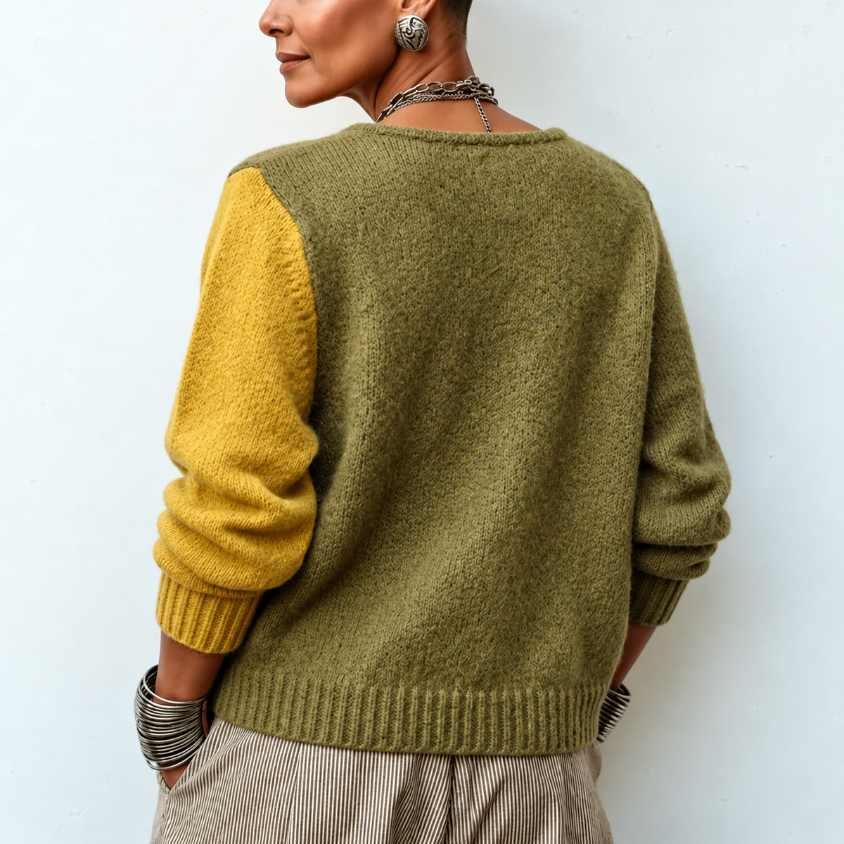 Damen Pullover Dreifarbig mit asymmetrischem Knopfverschluss
