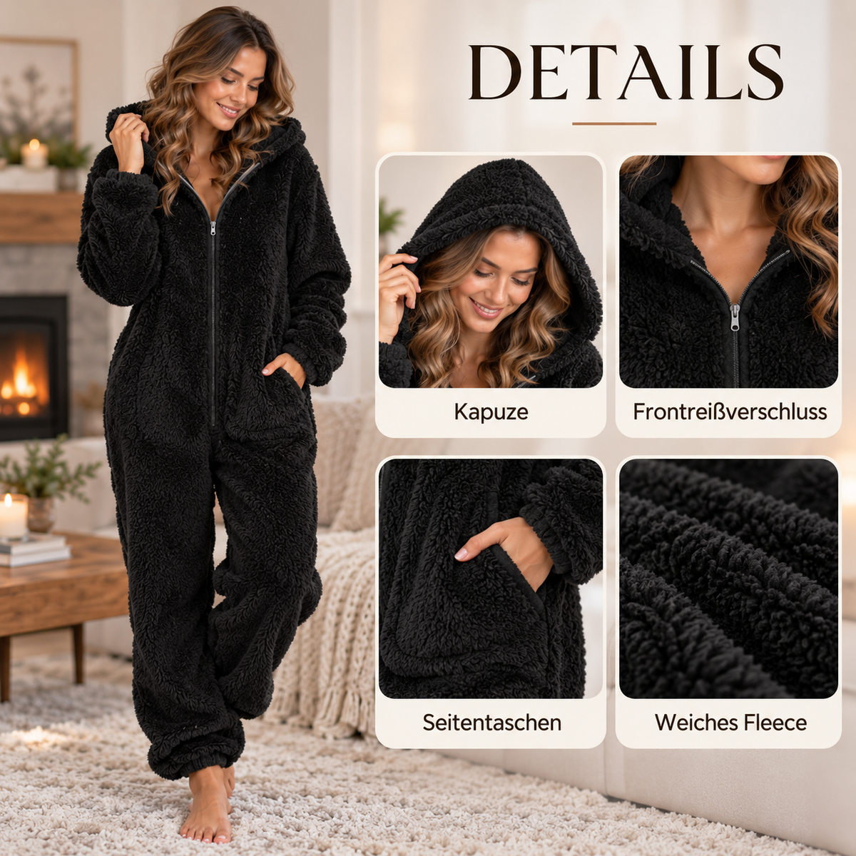 Camp Basel | CozyLuxe Einteiler Fleece-Pyjama mit Reißverschluss