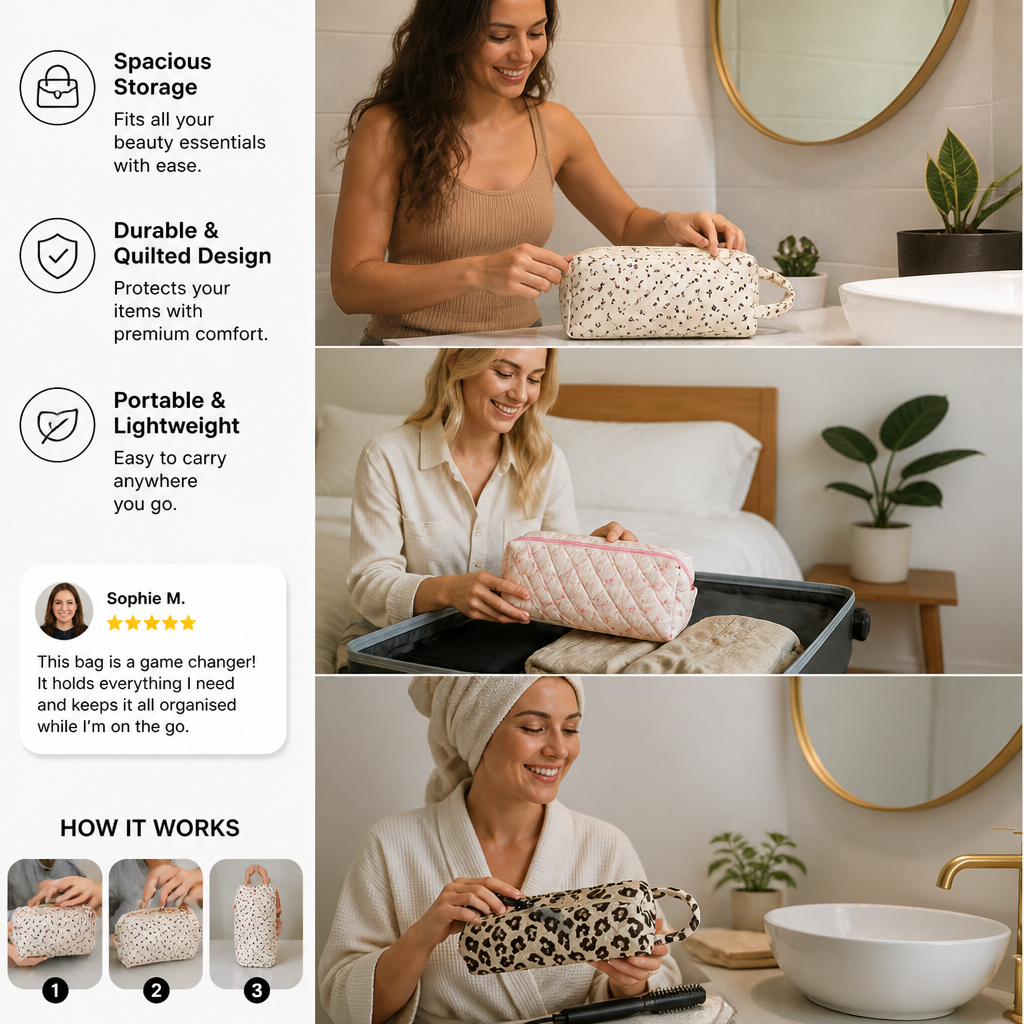 Gesteppte Mehrzweck-Reisetasche – Geräumiger Toilettenartikel- & Make-up-Organizer mit Tragegriff