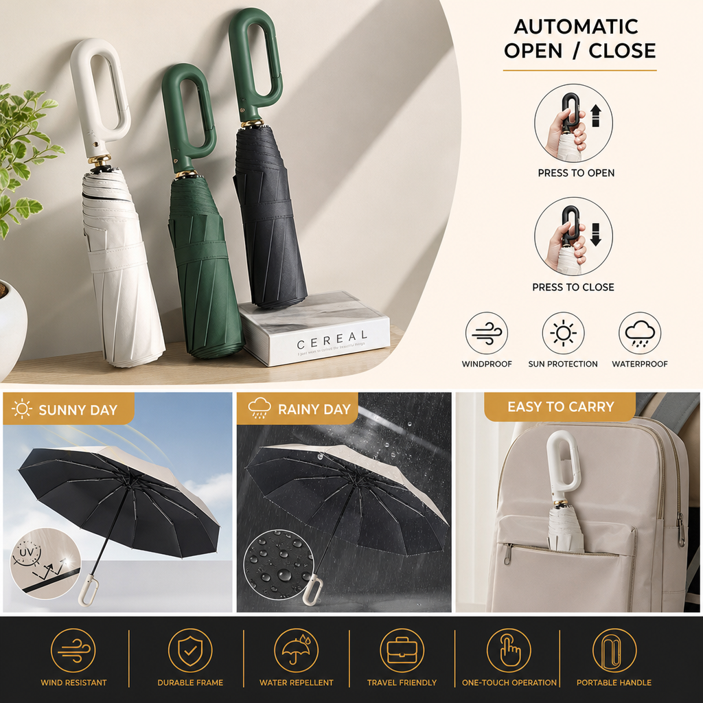 Premium Automatischer Faltschirm für Sonne & Regen – Kompakt & Windfest